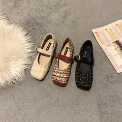 LBSFY  -  New Spring Suqare Toe Flat Shoes Women Mary Jane Fashion Plaid Fabric Ladies Soft Casual Shoes Dress Flat Ballet Girl Zapatillas