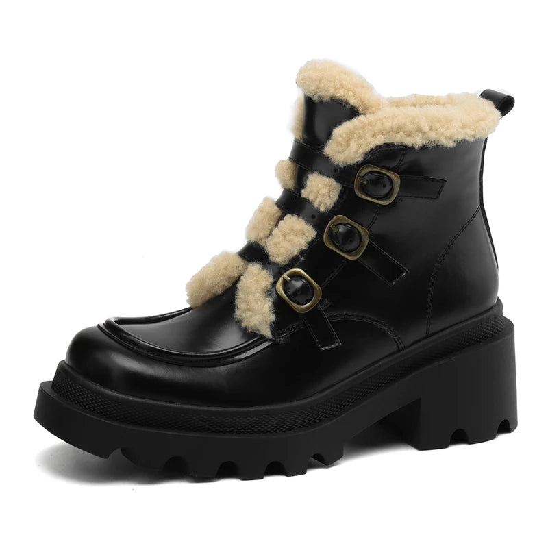 LBSFY  -  Winter Boots Women Buckle Zipper Platform Ankle Booties Punk Round Toe Buckle Punk Handmade Ladies Snow Booties
