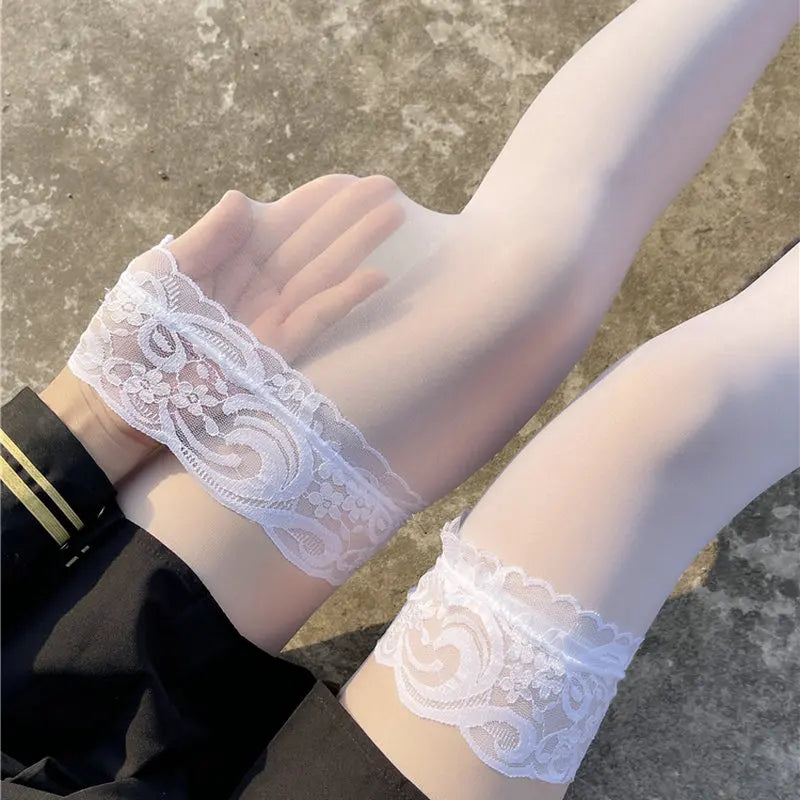 Lbsfy Lace Knee Thigh High Elastic Fishnet Stockings Sexy Transparent Thin Black Stocking White Plus Size Long Socks for Women Summer