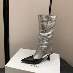 LBSFY  -  Fashion Short Boots Women New High Quality Genuine Leather Boots Wrinkled Pointed High Heels Mid heeled Boots Calf Boots