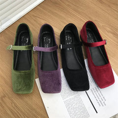 LBSFY -Fashion Women's Velvet Flats Ladies Square Toe Shallow Buckle Casual Ballet Shoes Slip-on Outdoor Mary Jane Shoes