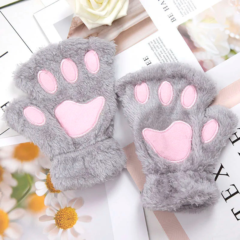 Lbsfy 1Pair Winter Gloves Women Bear Plush Cat Paw Claw Cute Kitten Fingerless Mittens Christmas Halloween for Girls Gift Gloves