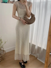 LBSFY -France Gentle Elegant Mesh Dress For Woman Spring Summer Lace Patchwork Two Pieces Sets Sling Dresses Casual Office Lady New