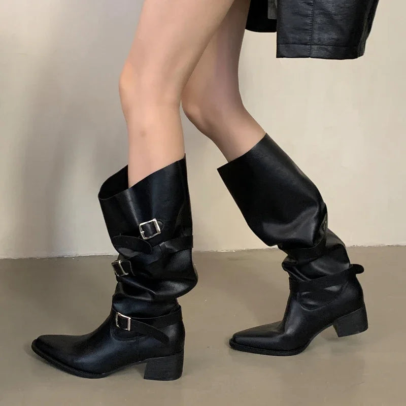 LBSFY -Winter Black Punk Round Toe Knee-High Women Boots Square Heels Buckle Strap Ladies Booties Shoes Zapatillas De Mujer