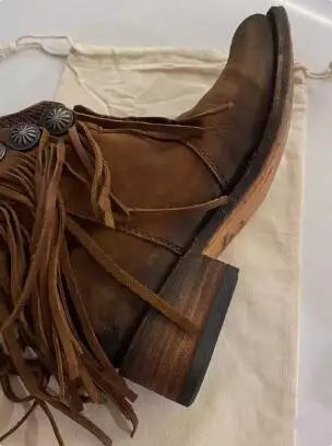 LBSFY  -  Retro Girls Ethnic Style Metal Tassel Round Toe Low Heels Slip On Short Boots Female Holidays Ankle Boots Shoes Drop Shipping