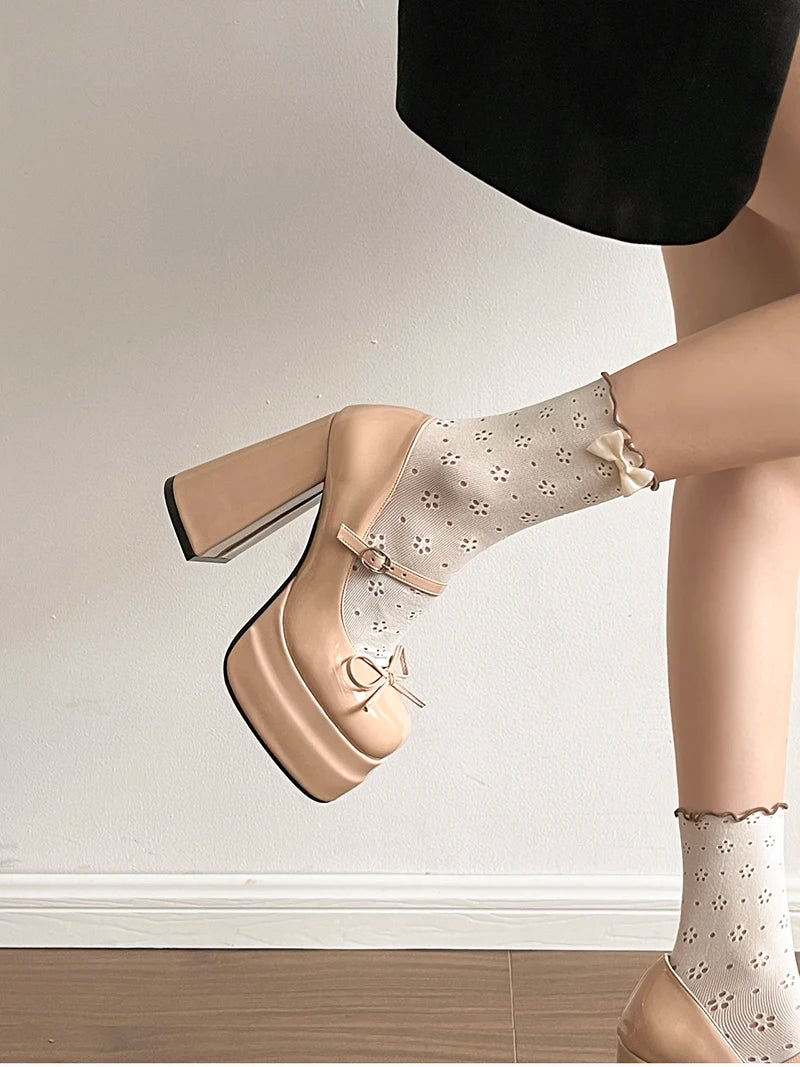 LBSFY -Platform Square High Heel Women's Mary Jane Shoes Fashion Butterfly-knot Shoes Spring Autumn Wedding Party Shoes