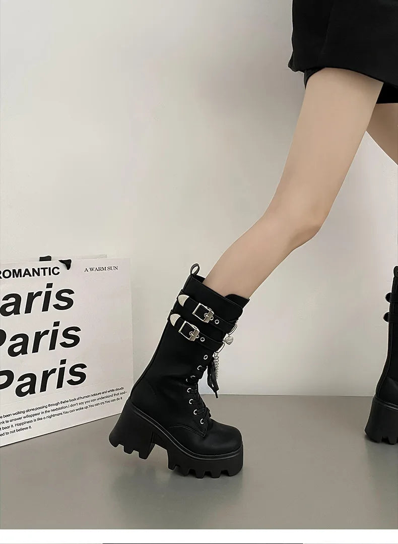 LBSFY -Women's Punk Gothic Boots 2025 Fashion Buckle Chain High Heels Mid Calf Boots Women Black Pu Leather Plus Size 42 Autumn Botas