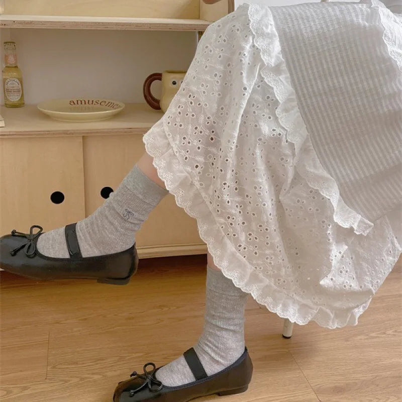 Lbsfy Women's Socks Mid-tube Spring Summer White Thin JK Solid Colors Harajuku Fashion Kawaii Girls Ballet Hollowed-out Bow Socks