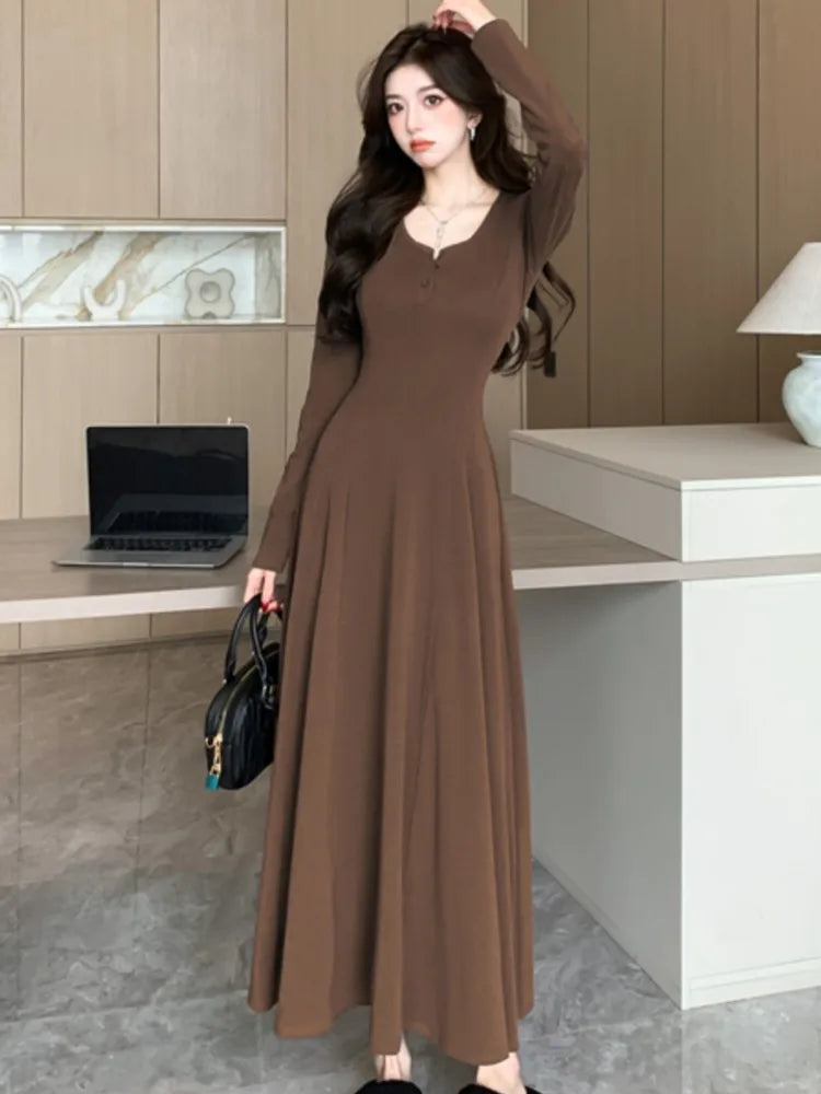 LBSFY -Women's Solid Maxi Dress Casual Korean Chic Long Sleeve U-Neck Slim Fit A-Line Autumn Sexy Prom Robe Vestidos Mujer New Clothes
