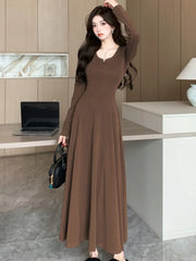 LBSFY -Women's Solid Maxi Dress Casual Korean Chic Long Sleeve U-Neck Slim Fit A-Line Autumn Sexy Prom Robe Vestidos Mujer New Clothes