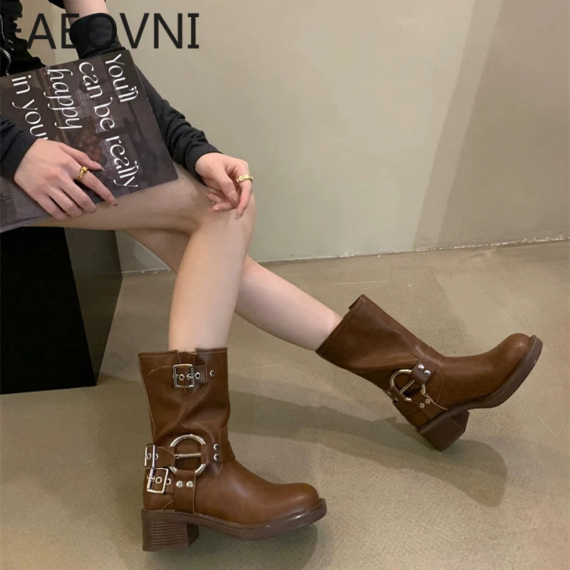 LBSFY  -  2024 Winter Short Boots For Women Fashion Belt Buckle Biker Boots Female Elegant Square Heel Women's Knight Bootties