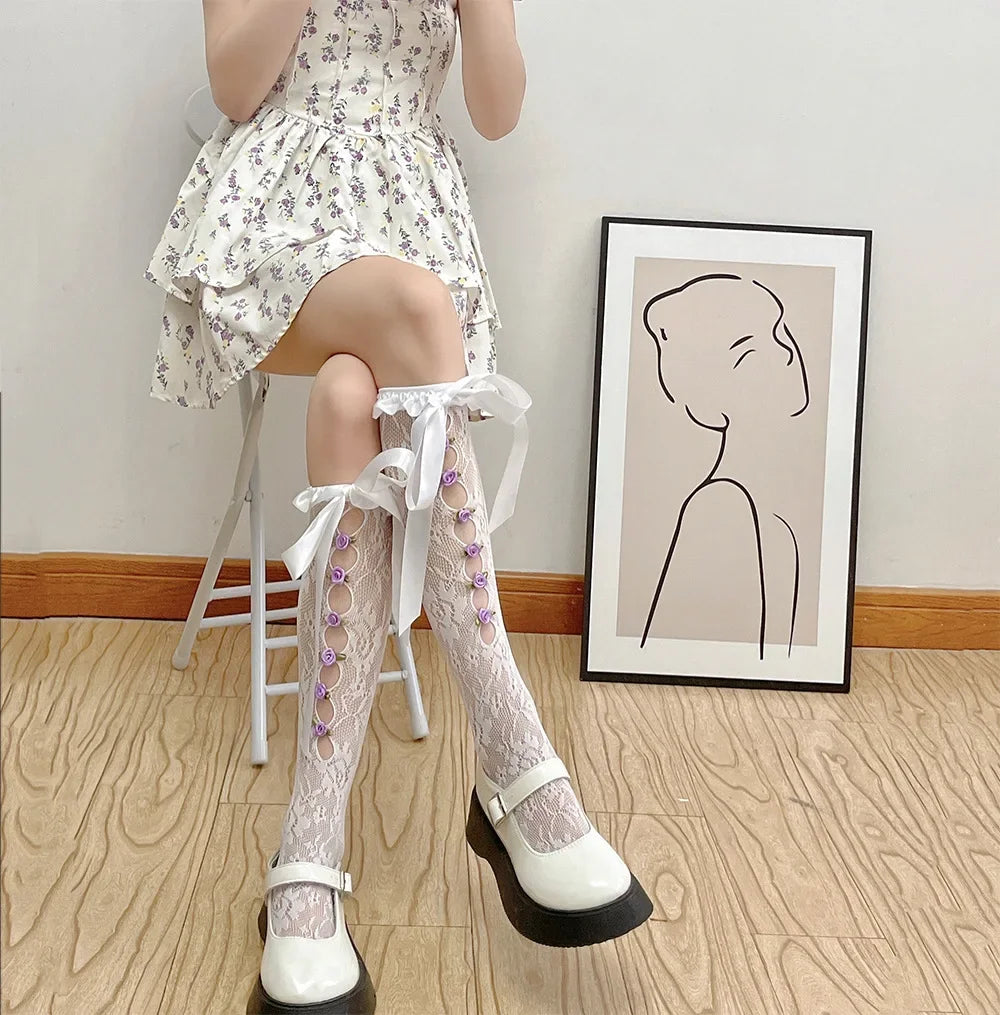 Lbsfy Cute Gothic Style Ruffles Hollow Bow JK Lolita Stockings Women Sexy Lace Mesh White Black Fishnet Knee High Long Socks Lingerie