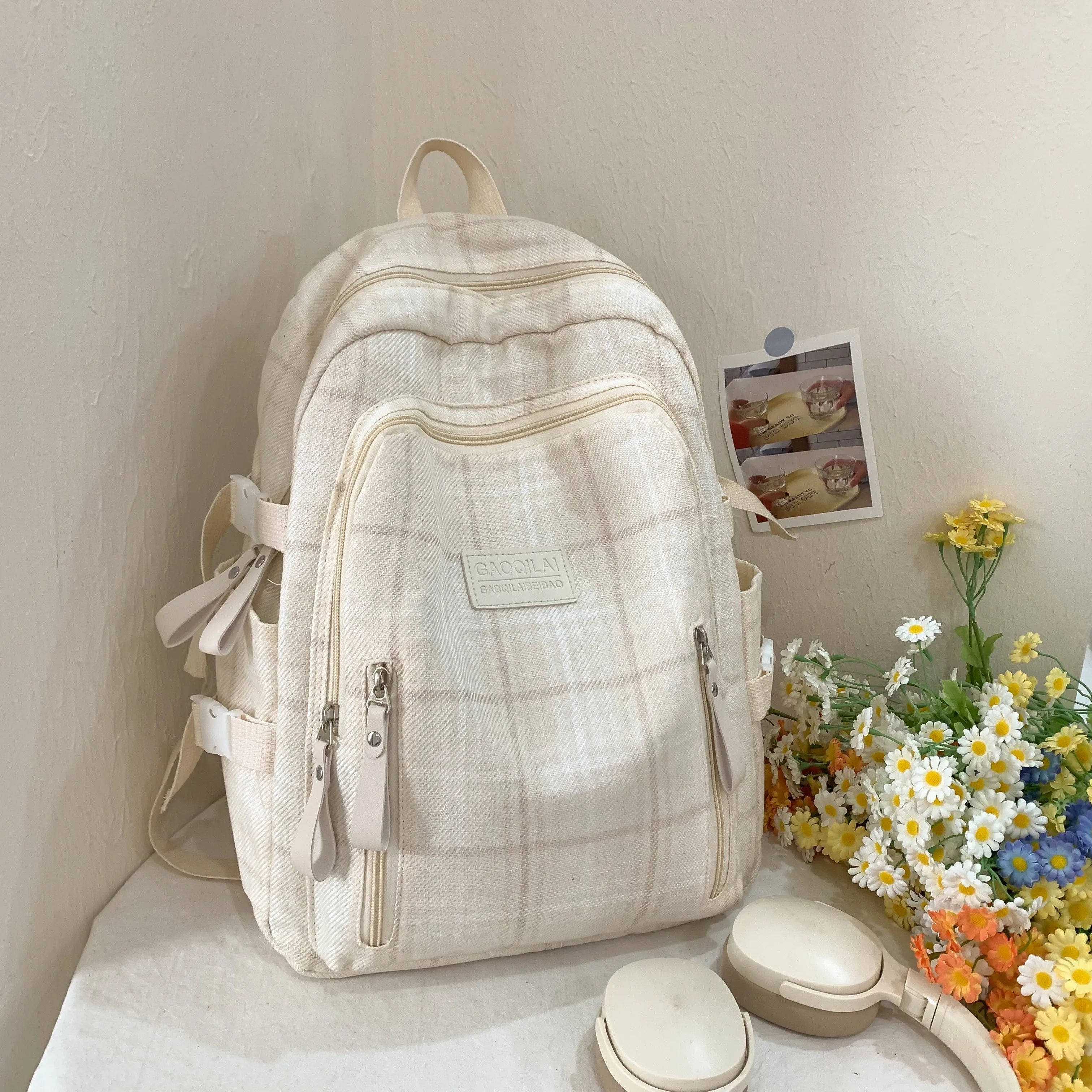 LBSFY -Casual Backpack, Trendy Brand Cotton and Linen Checkered Design School Bag, Good-Looking, Large-Capacity Lightweight Backpack for Junior High School and College Students