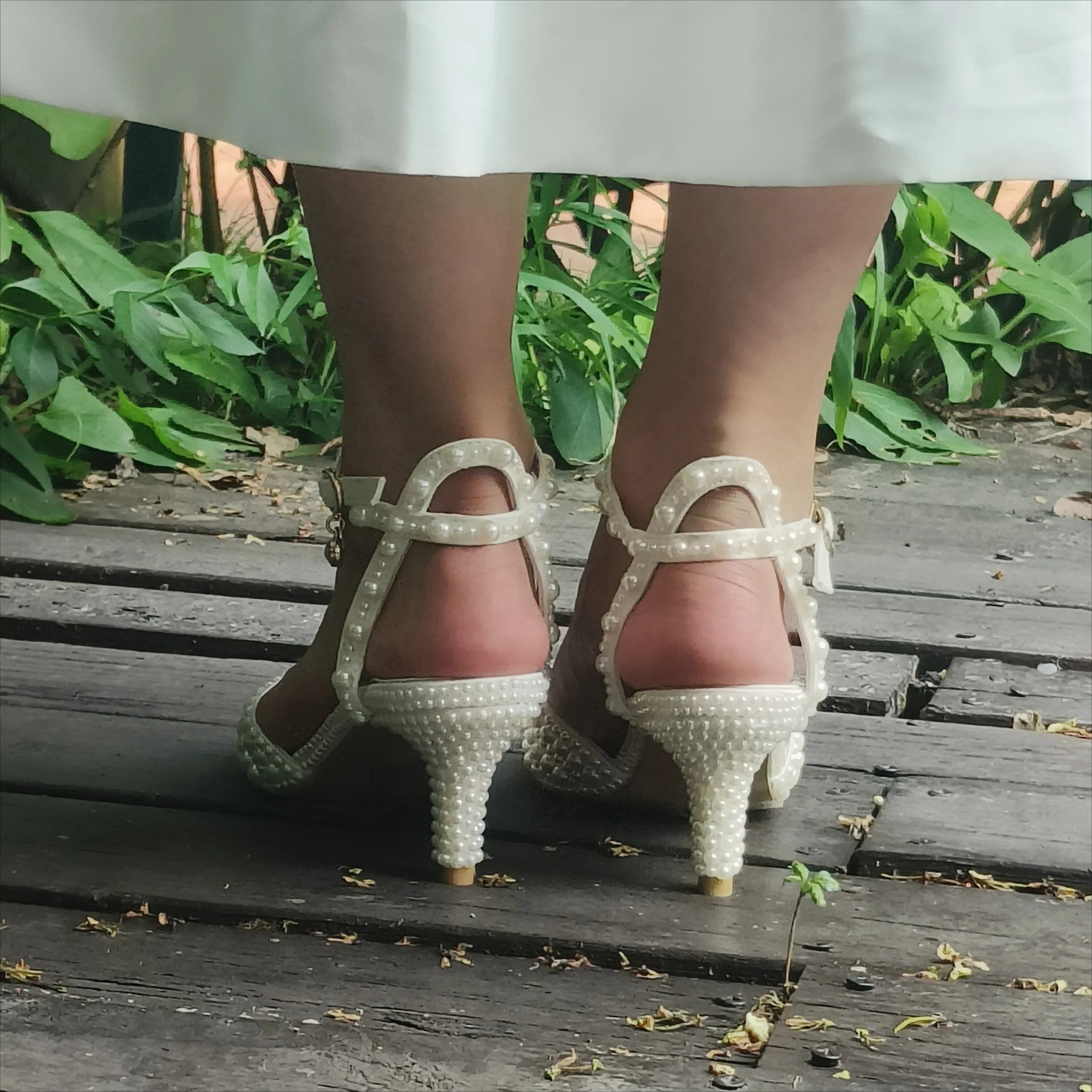 LBSFY  -  White Pearl Heels Sandals Shoes for Women Wedding Party 6cm Ankle Strap 2024