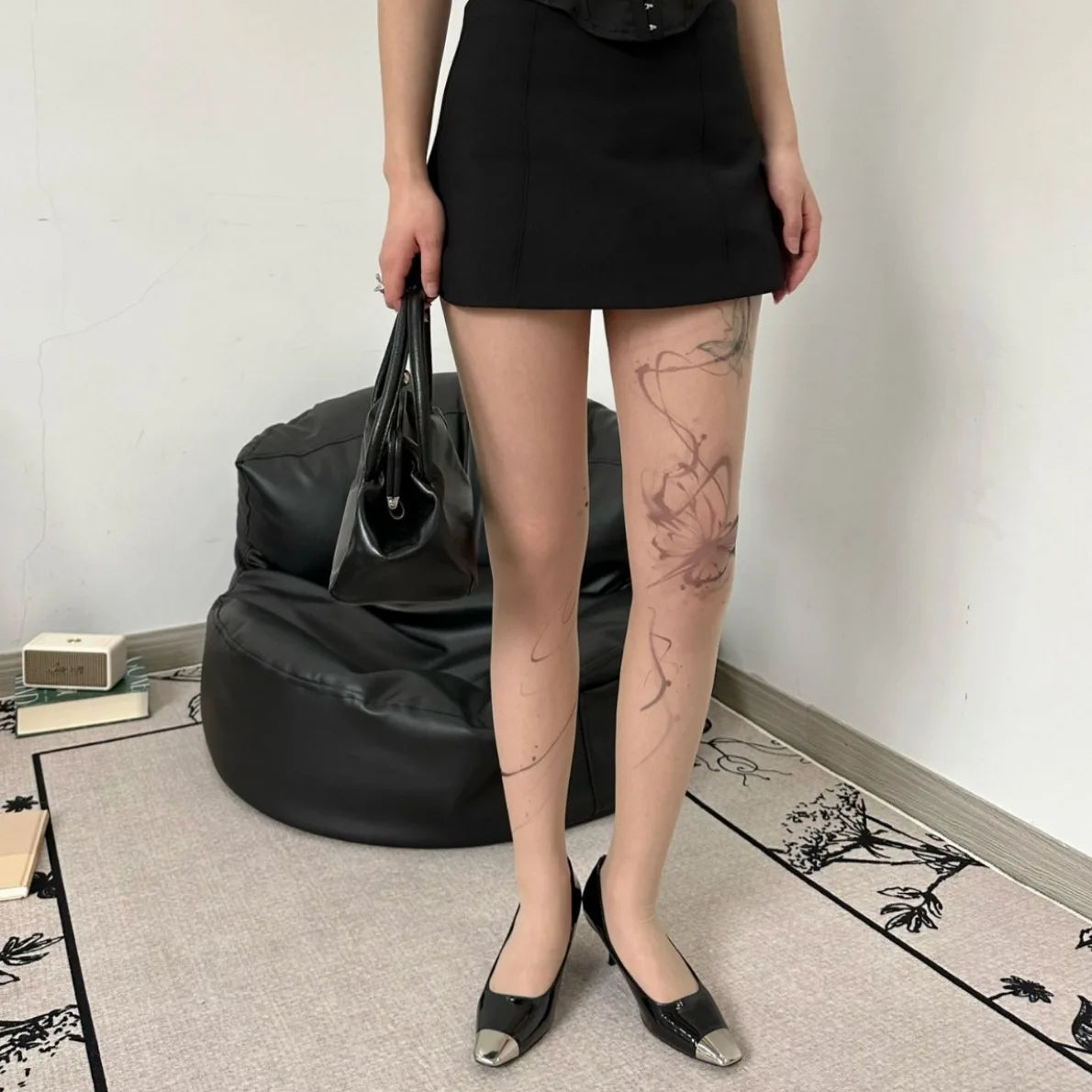 Lbsfy Women English Printed Stockings Dark Punk Butterfly Skin Tone Tattoo Jumpsuit Pantyhose Cosplay Lace Party Fishnets Tights