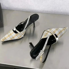 Lbsfy Pointed Toe Retro Plaid High Heels Women Elegant Slingbacks Shoes Women Pumps Sexy Office Fashion Dress Shoes Sandalias De Mujer