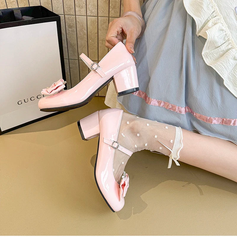 LBSFY -Cute Butterfly-knot Women Lolita Mary Jane Shoes Concise Thick Heel Leather Shoes Ladies Shallow Pumps