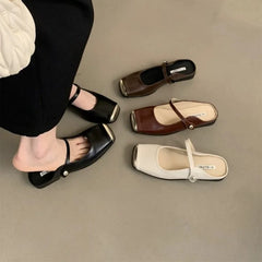 LBSFY -New Fashion Stylish Women's Square - Toe Metal  Capped Buckle Women's Strap Mules in Multiple Colors Large Size Zapatos Mujer