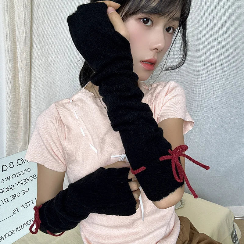 Lbsfy Korea Women Tie Bow Calf Socks Vintage Knit Wool Leggings Covers Socks Y2K Winter Thickened Leg Warmers Harajuku Jk Sleeve