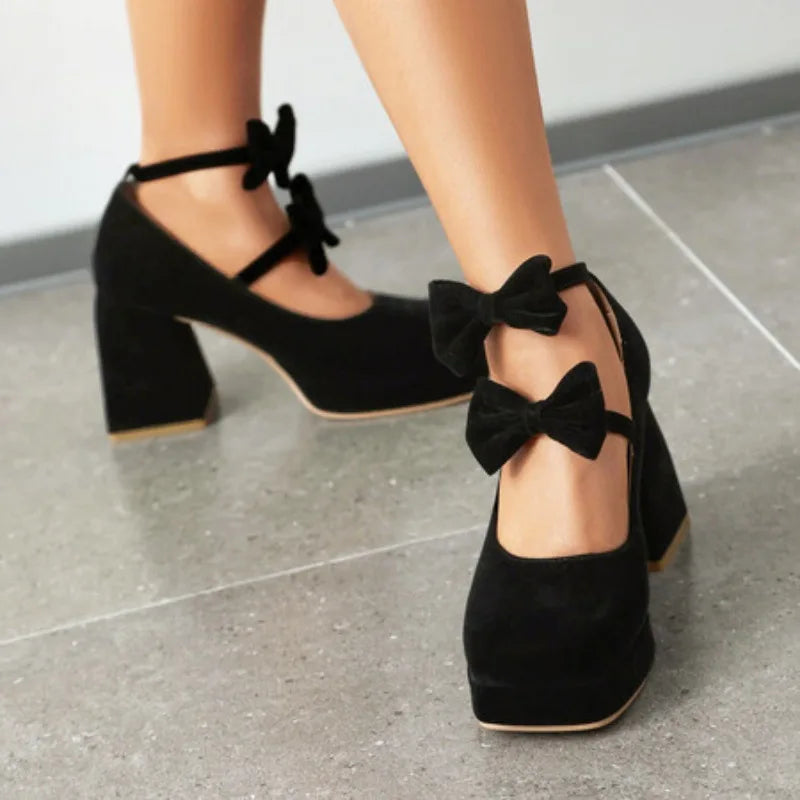 LBSFY  -  2024 Bow Platform Mary Jane Sandals 9cm Thick Heel Square Toe Wedding Sandals Birthday Party Sandals Plus Size Women Shoes 34-48
