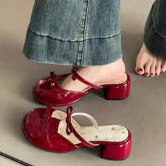 LBSFY -Small Floral Baotou Slippers for Summer Wear 2025 New Round Toe Shallow Mouth Bow with Skirt Block Heel High Heel Sandals