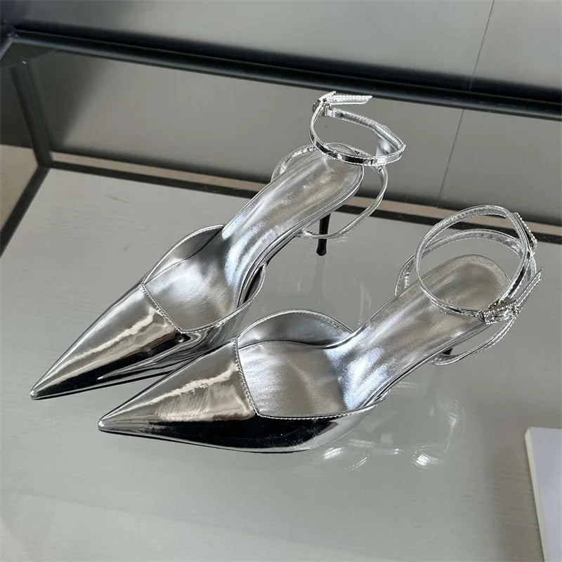 LBSFY -Gold Silver Ankle Buckle Strap Women Pumps Sexy Thin High Heels Pointed Toe Slingback Mules Dress Designer Shoes