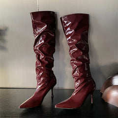 LBSFY  -   2025 PU Autumn Rome Fashion Solid Women Shoes Buckle Pleated Pointed Toe Knee-High Boots Women Boots Thin Heels DRESS