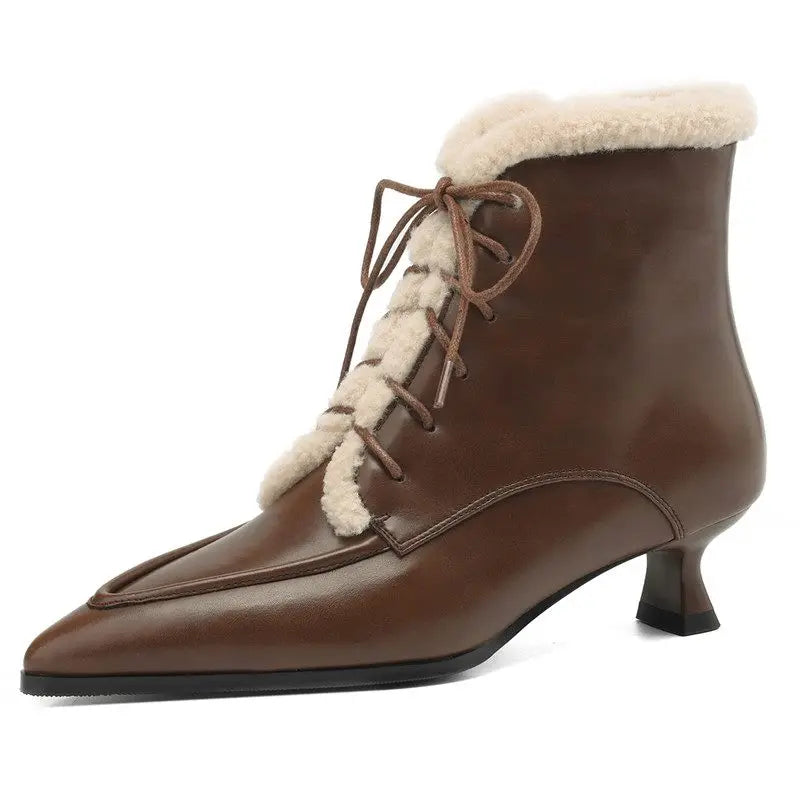 LBSFY  -   Fashion Thick Fur Winter Ankle Boots Pointed Toe Lace Up Med Heels Ankle Boots Zipper Ladies Warm Snow Boots