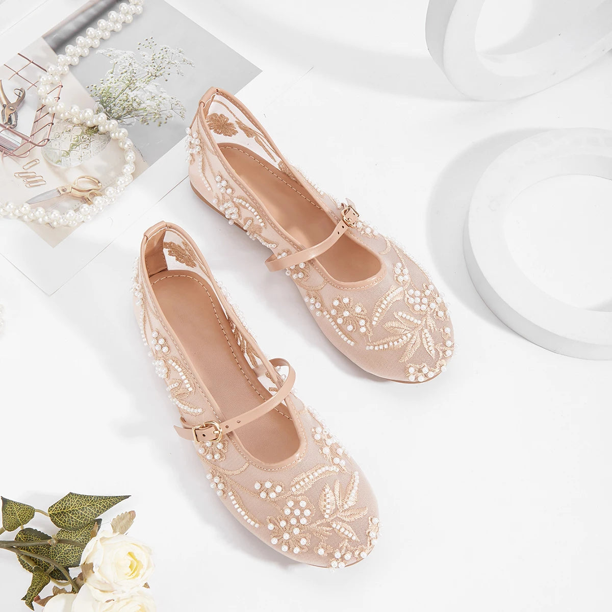 LBSFY -Embroidery String Bead Mesh Ballet Flats Women Fashion White Pearl Mary Jane Shoes Light Summer Flats Elegant Cozy Flat Sandals
