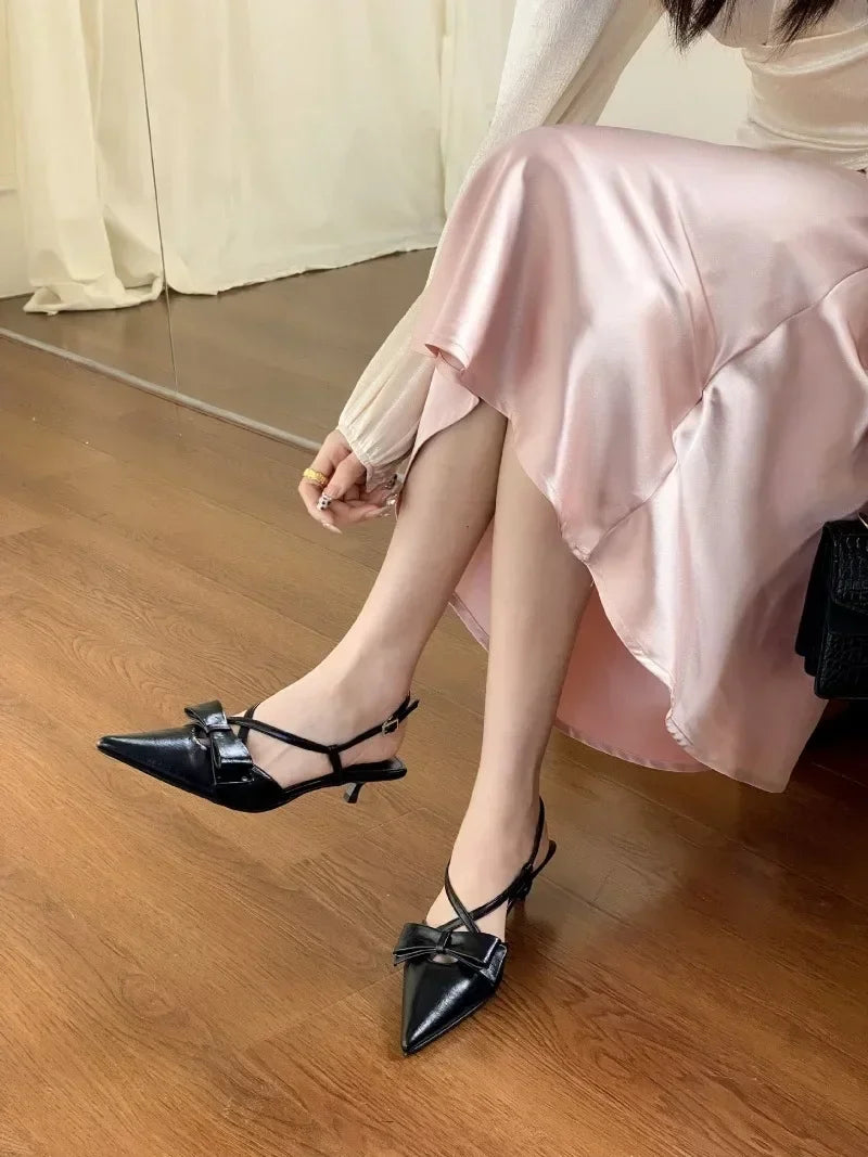 Lbsfy Fashion Small Low Heel Sandals Women Summer Sexy Pointed Toe Slingbacks Mules High Heels Elegant Bow Cross Strap Women Pumps