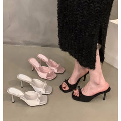 LBSFY -New Women's Slipper Mules Low High Heels Shoes Summer Best Street Look Females Square Head Open Toe Bow Strappy Sandals