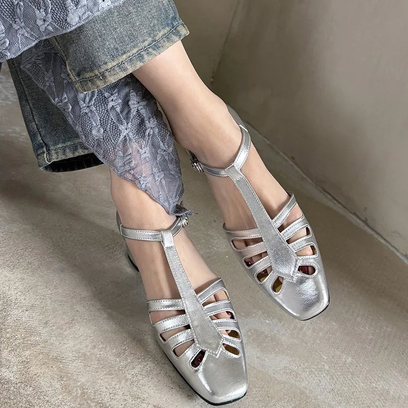 LBSFY  -  Fashion Sandals Women New High Quality Genuine Leather Retro Hollow T-shaped Roman Low Heel Sandals Summer Open Shoes