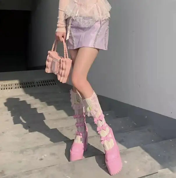LBSFY  -  Cute Girls Pink Leather Bow Ties Round Toe Thick Bottom Mary Jane Shoes Woman Retro Chunky Heels Hollow Cuts Out Muller Pumps