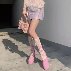 LBSFY  -  Cute Girls Pink Leather Bow Ties Round Toe Thick Bottom Mary Jane Shoes Woman Retro Chunky Heels Hollow Cuts Out Muller Pumps