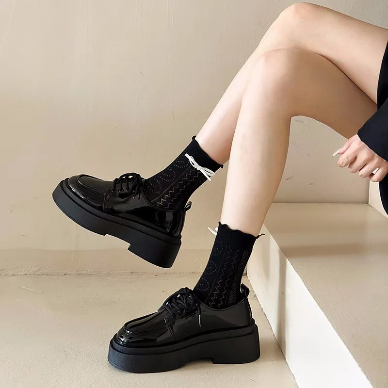 LBSFY  -  Retro British Style Black Loafers for Women Fashion Casual New Designer Platform Shoes Ladies PU Leather Lace Pumps Shoes Ladies