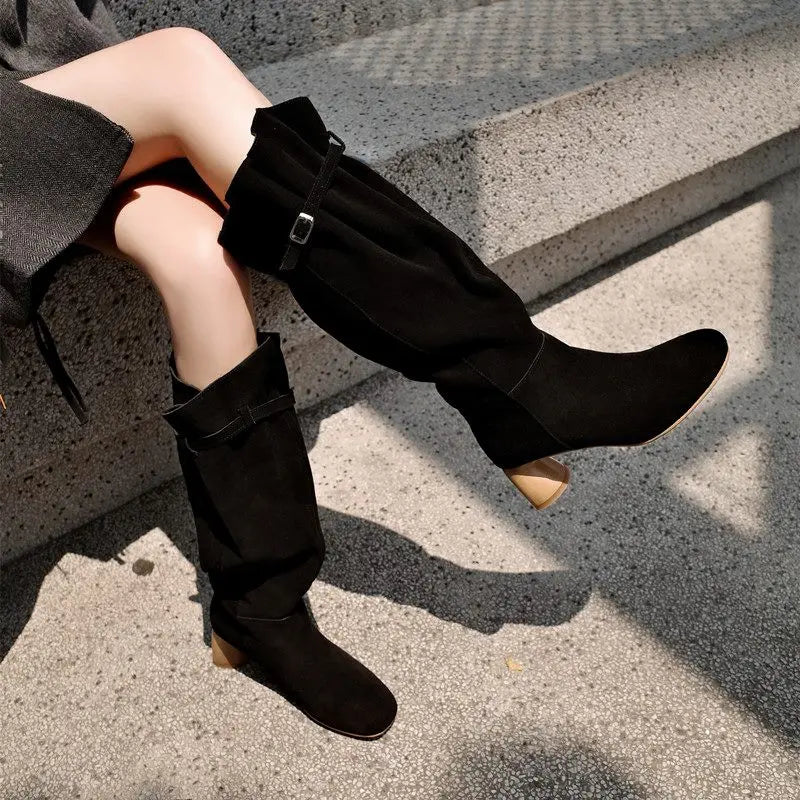 LBSFY  -  Ins Hot Cow Suede Leather Knee High Boots Round Toe Slip On High Heels Buckle Black Brown Women Boots Fashion Shoes