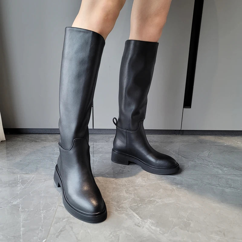LBSFY  -  2024 Ins Genuine Leather Knee High Boots For Women Thick Heeled Autumn Winter Warm Shoes Woman High Motorcycle Boots