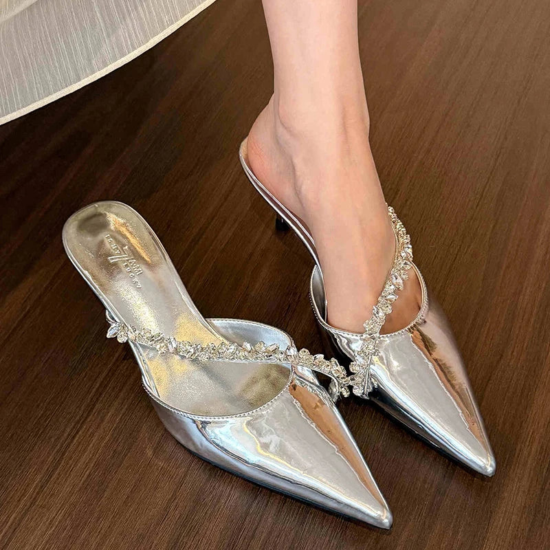 LBSFY  Summer Women's Fashion Crystal Mules Slippers Elegant Cover Toe Dress Slides Ladies Dancing Party High Heel Shoes