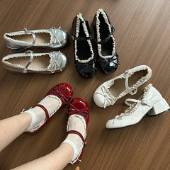 LBSFY -Autumn Women Mary Jane Shoes Fashion Butterfly-knot Dress Shoes Ladies Concise Outdoor Thick Heel Leather Shoes