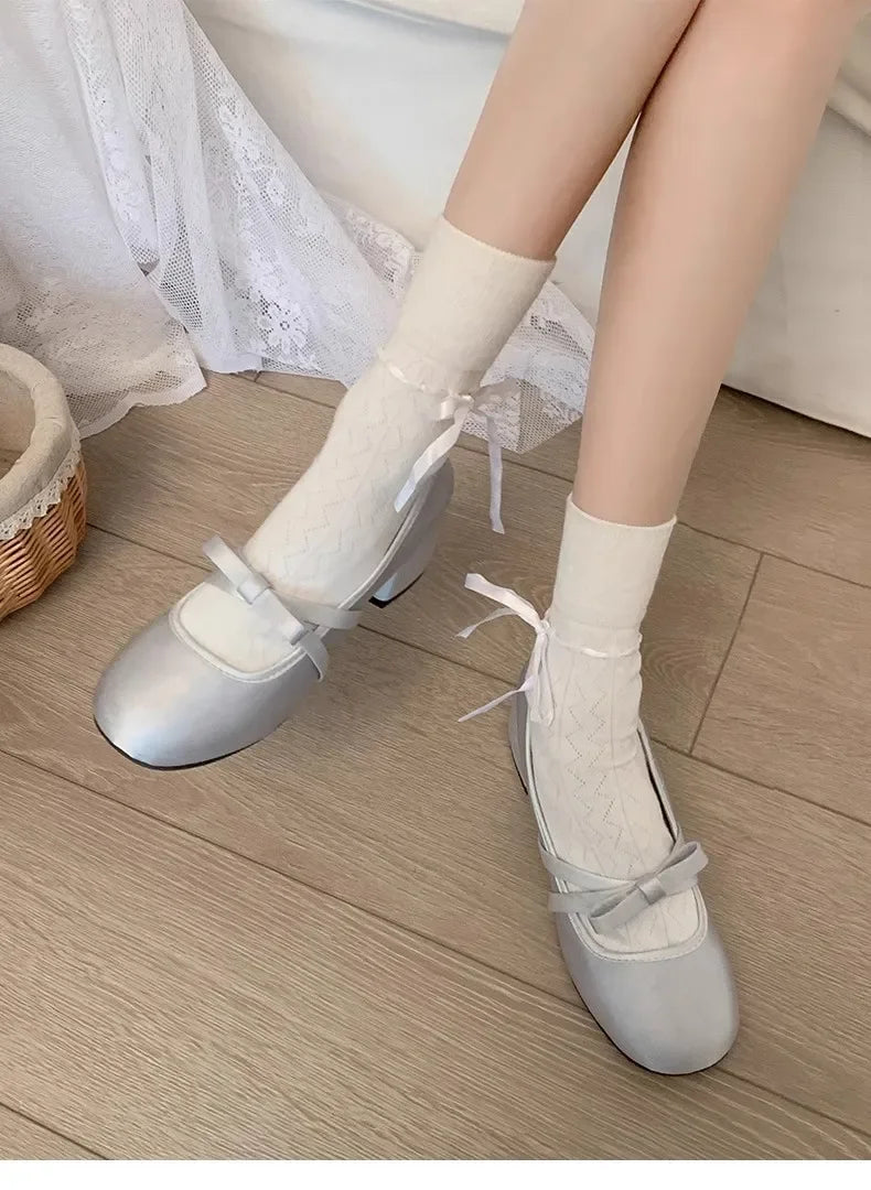 LBSFY -Women Chunky Heel Shoes New  Fashion Bowknot Strap Mid Heels Women Mary Jane Shoes Dress Shallow Mouth Ladies Ballet Shoes