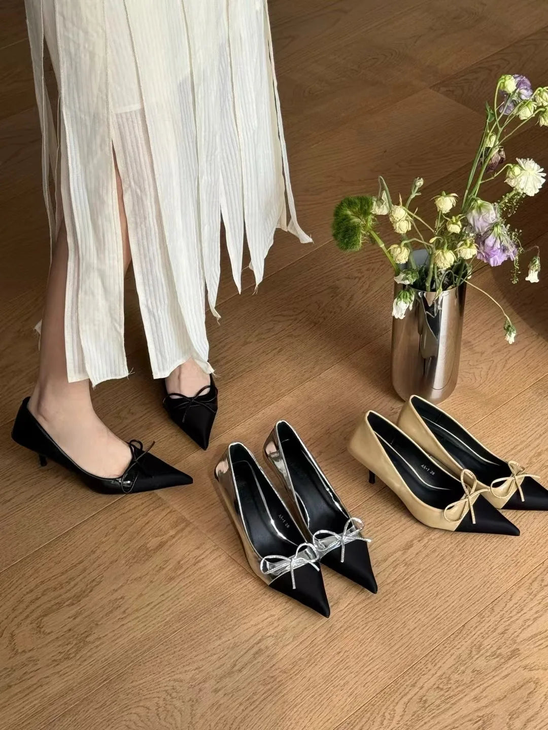 LBSFY  -  Sexy Women Pumps Office Shoes Pointed Toe Autumn Spring Dress Party Pumps Black Khaki Silver Shallow Slip On Elegant Bow Design