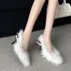 LBSFY  -  Novelty Design Furry Women Pumps Fashion Plush Tassel Style High Heels for Women Back Strap Thin Heeled Sandals Zapatos Mujer