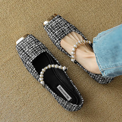 LBSFY -Elegant Tweed Cloth Ballet Shoes Ladies Square Metalic Toe Flats Pearl Beading Loafers Plaid Designer Office Dress Shoes Woman