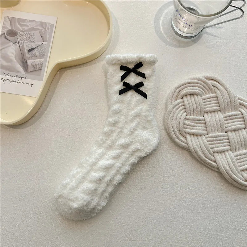 Lbsfy Women Cute Fuzzy Socks White Black  Winter Warm Fleece Kawaii Flower Bowknot Fluffy Socks Fashion Thicken Home Floor Sleep Sock