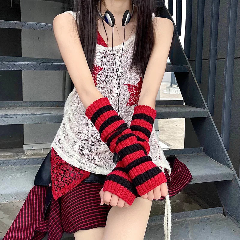 Lbsfy Lolita Long Socks Women's Leg Warmers Red Black Strip Arm Warmer Keep Sleeve Autumn Winter Crochet Socks Boot Cuffs Accessories