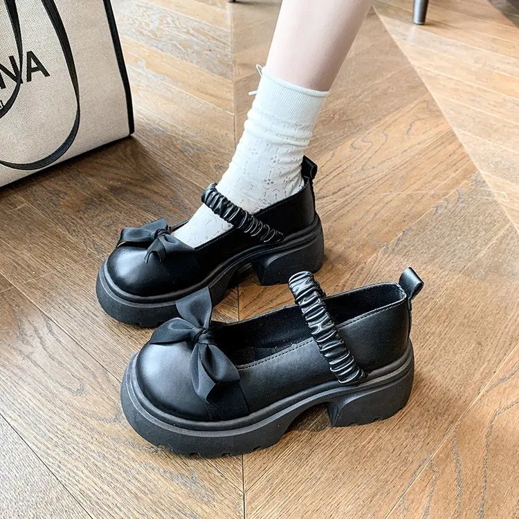 LBSFY -Japanese Style bowknot JK Thick Heel Mary Jane Women's Shoes Summer Vintage French Slip-On PU Leather Chunky Cosplay Pumps