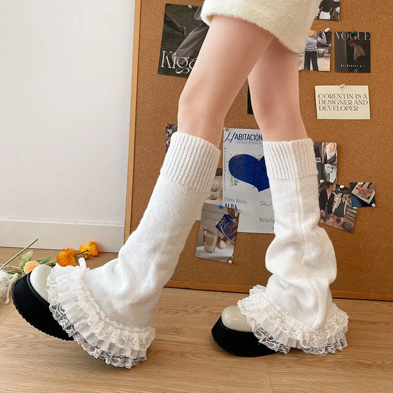 Lbsfy Punk Dark Black Leg Warmers Lace Over Knee Socks Winter Warm Knit Y2K Leg Covers Harajuku Boot Cuffs Japanese JK Lolita Sock