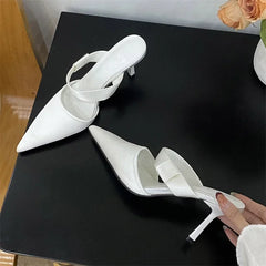 LBSFY -Spring Summer Satin Hollow Mules Women Slippers Elegant Pointed Toe Thin High Heels Dress Ladies Shoes