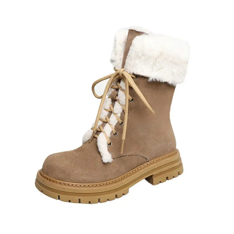 LBSFY  -  Cow Suede Leather Boots Women Lace Up Platform Thick Fur Warm Winter Snow Boots Ladies Fashion Ankle Boots Shoes