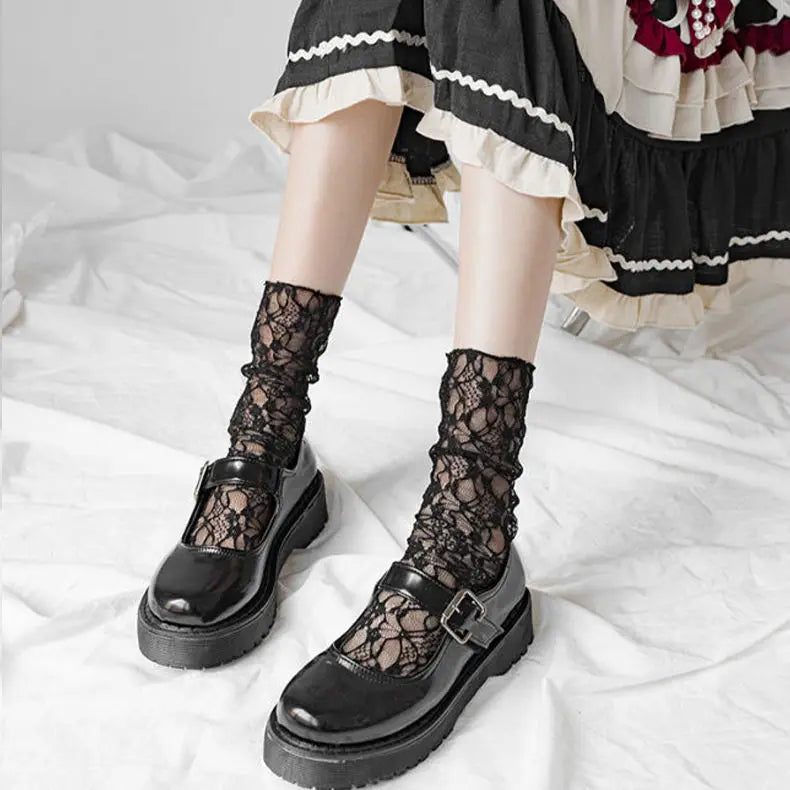 Lbsfy Summer Thin Girls Socks Lolita Solid Color Mid-calf Lace Casual Socks for Women Black White Mesh Middle Tube Floral Stockings